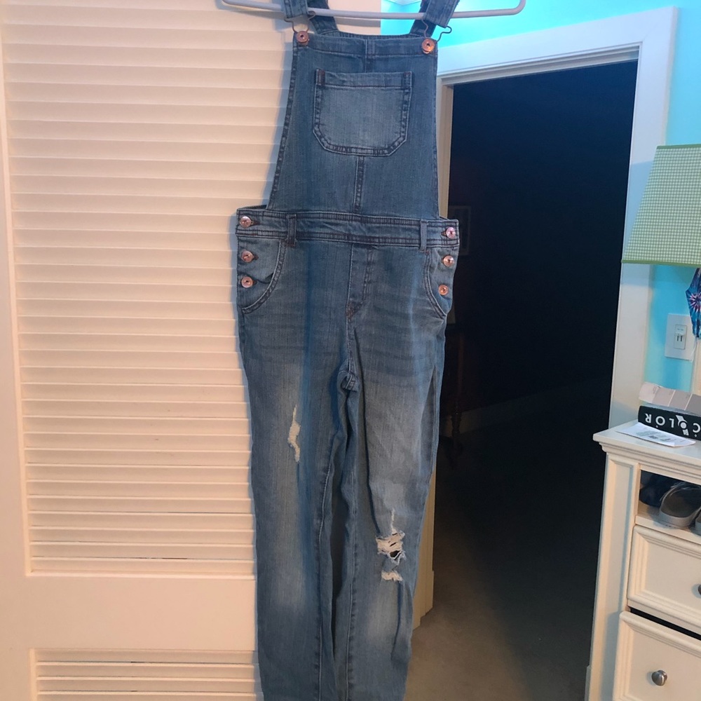 Girls distressed denim overalls